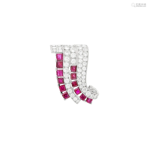 Platinum, Diamond and Ruby Clip-Brooch