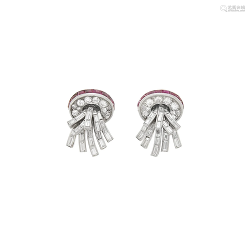 Pair of Platinum, Diamond and Ruby Earrings