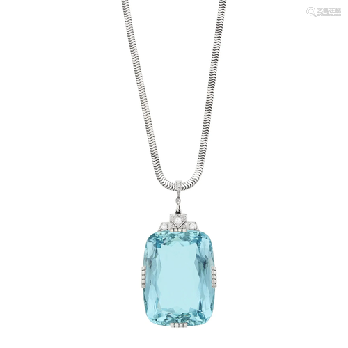 White Gold, Aquamarine and Diamond Pendant with White Gold S...