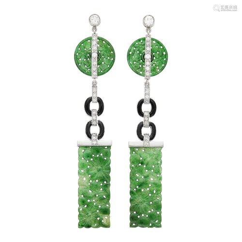 Pair of Platinum, Carved Jade, Diamond and Black Enamel Pend...