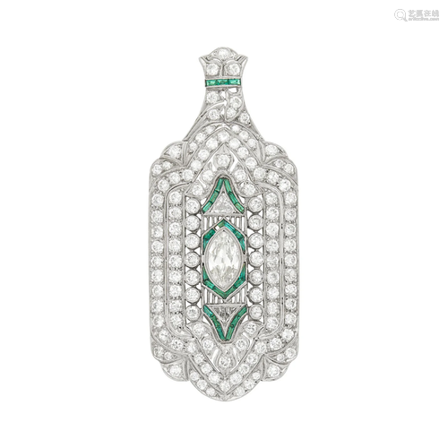 Platinum, Diamond and Simulated Emerald Pendant-Brooch