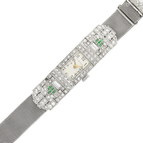 Platinum, Diamond and Emerald Mesh Wristwatch