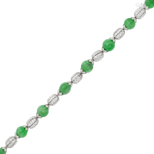 Platinum, Fluted Emerald and Green Chalcedony Bead and Diamo...