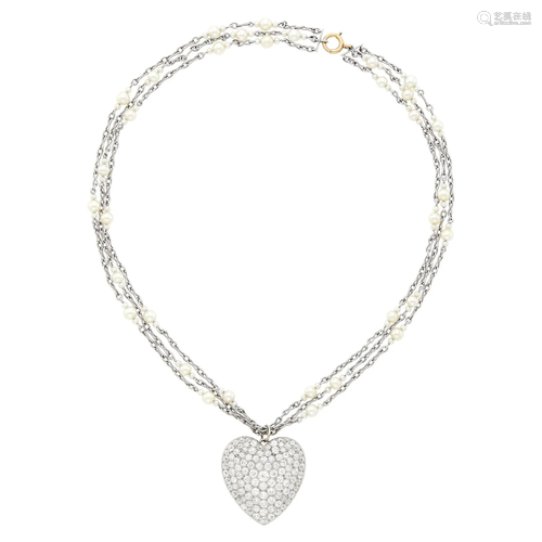 Antique Platinum, Gold and Diamond Heart Pendant with Triple...