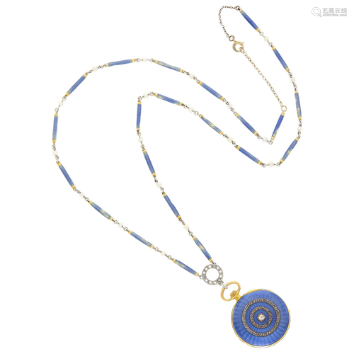 Gold, Platinum, Blue Guilloché Enamel, Diamond and Seed Pear...