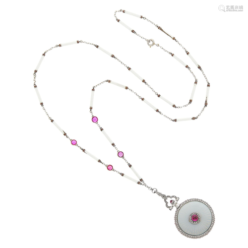 Platinum, Gold, Guilloché Enamel, Cabochon Ruby and Diamond ...