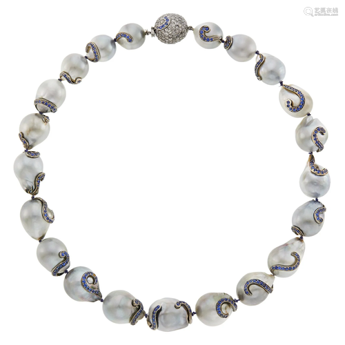 Blackened Gold, Gray Baroque Cultured Pearl, Sapphire and Di...