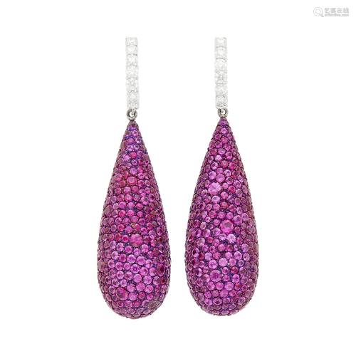 Pair of White Gold, Blackened Titanium, Pink Sapphire and Di...