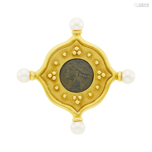 Elizabeth Gage Gold, Bronze Coin and Cultured Pearl Brooch