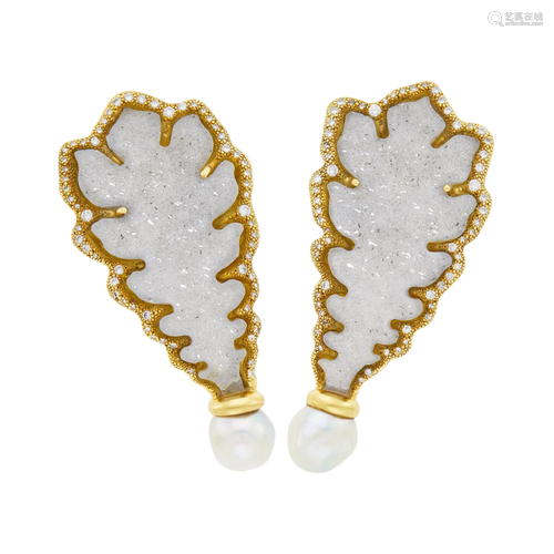 Elizabeth Gage Pair of Gold, Carved Gray Quartz, Diamond and...