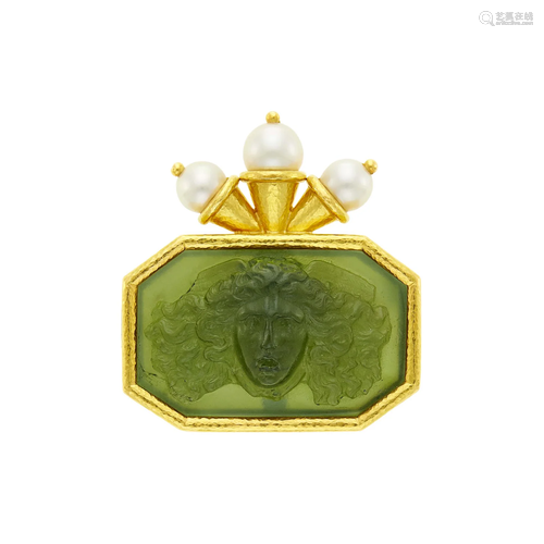 Elizabeth Locke Hammered Gold, Green Glass Cameo, Mother-of-...