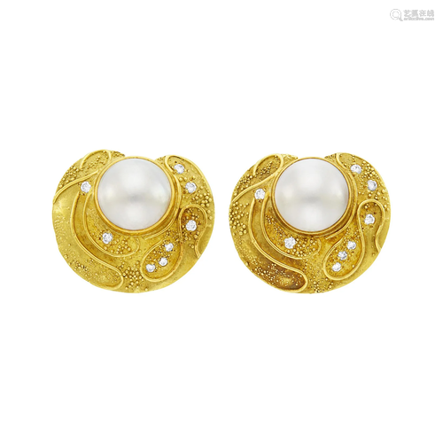 Elizabeth Gage Pair of Gold, Mabé Pearl and Diamond Earclips