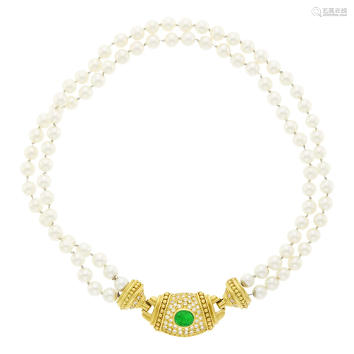 Judith Ripka Double Strand Cultured Pearl, Gold, Cabochon Em...