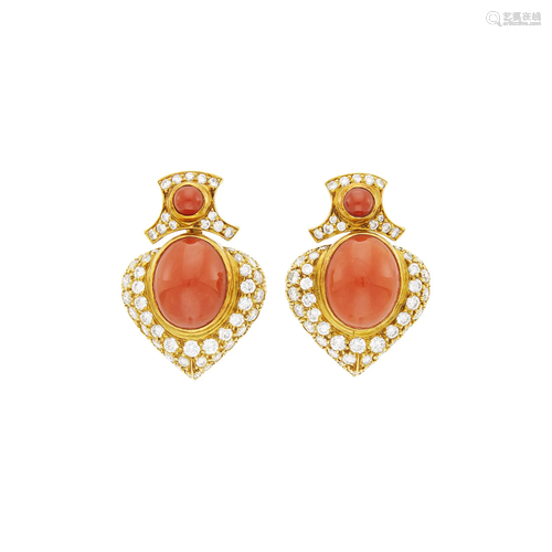 Pair of Gold, Coral and Diamond Earclips