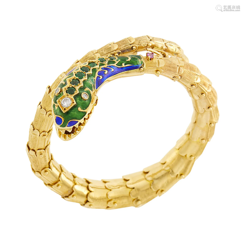 Gold, Enamel, Diamond, Emerald and Ruby Snake Bracelet