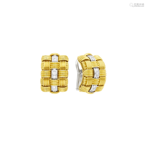 Roberto Coin Pair of Two-Color Gold and Diamond Half-Hoop Ea...