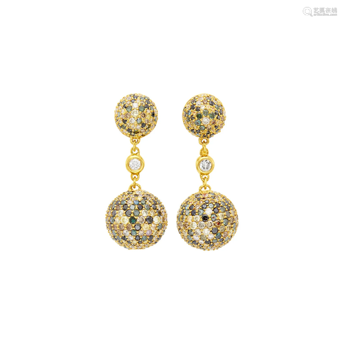 Pair of Gold, Diamond and Colored Diamond Ball Pendant-Earri...