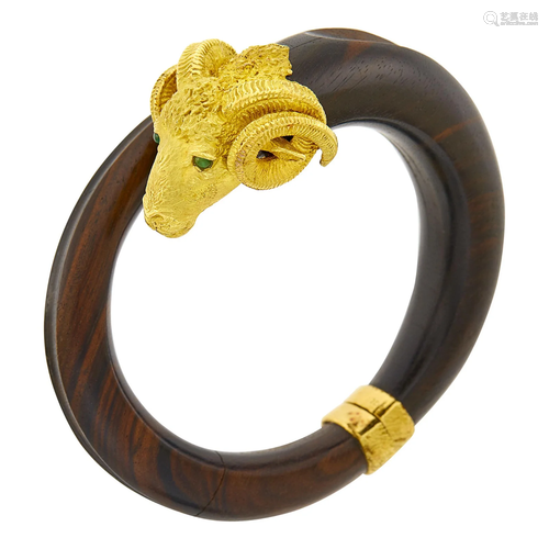 Gold and Wood Ram's Head Bangle Bracelet, France