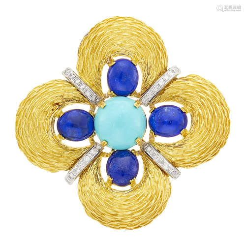 Two-Color Gold, Turquoise, Lapis and Diamond Brooch