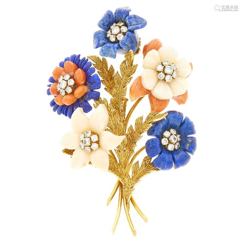 Gold, Carved Bicolor Coral, Lapis and Diamond Bouquet Brooch