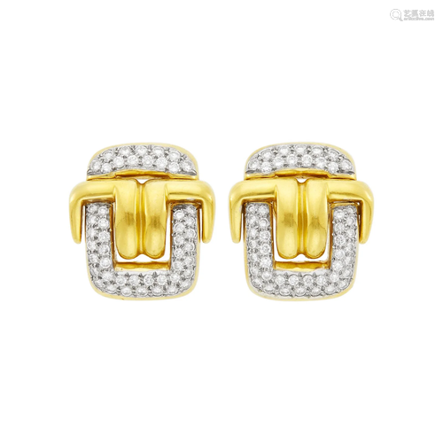 Pair of Two-Color Gold and Diamond Buckle Earclips