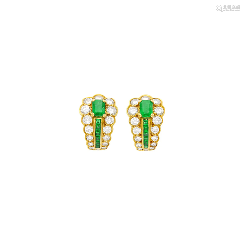 Pair of Gold, Emerald and Diamond Earclips