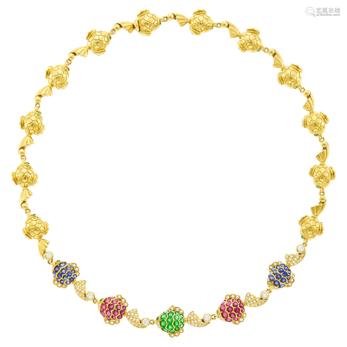 Gold, Colored Stone and Diamond Fish Link Necklace