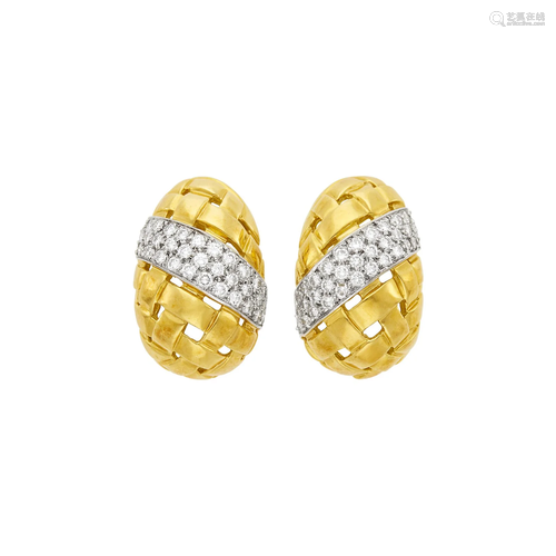 Pair of Two-Color Gold and Diamond Basketweave Earclips