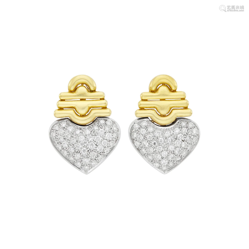 Pair of Two-Color Gold and Diamond Heart Earclips