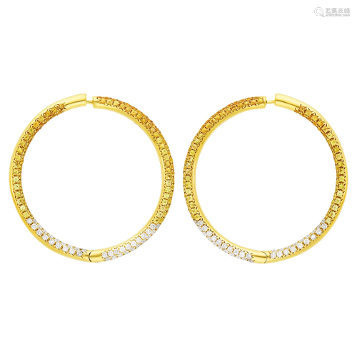 Pair of Gold, Yellow and Orange Sapphire and Diamond Hoop Ea...