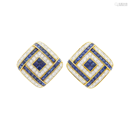 Pair of Two-Color Gold, Sapphire and Diamond Earclips