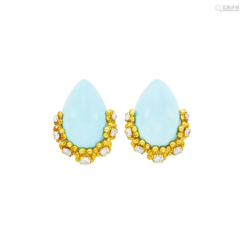 Tiffany & Co. Pair of Gold, Turquoise and Diamond Earcli...