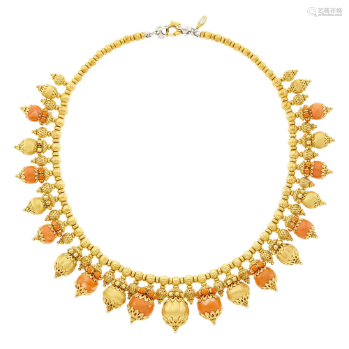 Gold and Coral Bead Fringe Necklace