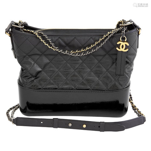 Chanel Black Quilted Goatskin and Patent Leather Hobo '...