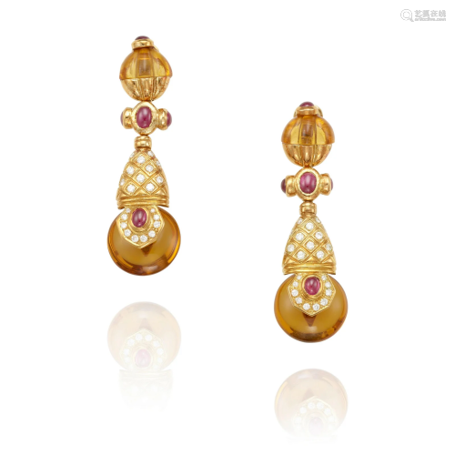 A PAIR OF 18K GOLD, CITRINE, RUBY AND DIAMOND EARCLIPS