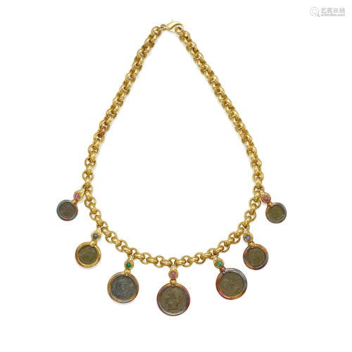 AN 18K GOLD, GEM-SET AND DIAMOND NECKLACE, ITALY
