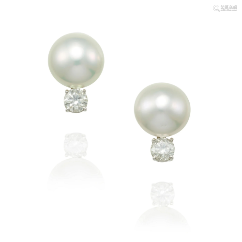 A PAIR OF 18K WHITE GOLD, CULTURED PEARL AND DIAMOND EACLIPS
