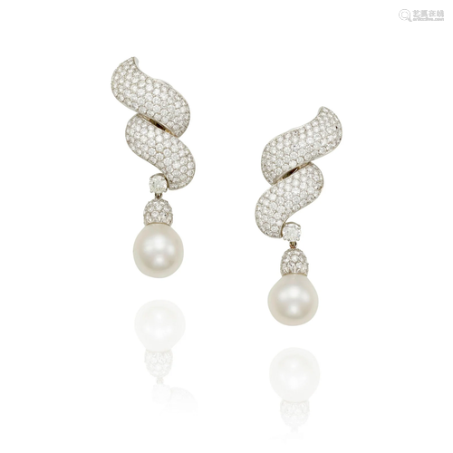 A PAIR OF PLATINUM, CULTURED PEARL AND DIAMOND EARCLIPS