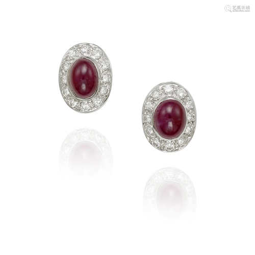 A PAIR OF 14K WHITE GOLD, RUBY AND DIAMOND EARCLIPS