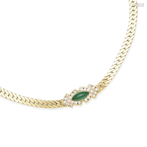 A 14K GOLD, EMERALD AND DIAMOND NECKLACE