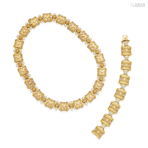 AN 18K GOLD, DIAMOND, CULTURED PEARL NECKLACE AND BRACELET