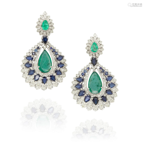 A PAIR OF 14K WHITE GOLD, EMERALD, SAPPHIRE AND DIAMOND EARR...