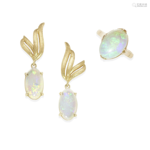 A SET OF 14K GOLD AND OPAL RING AND EARRINGS