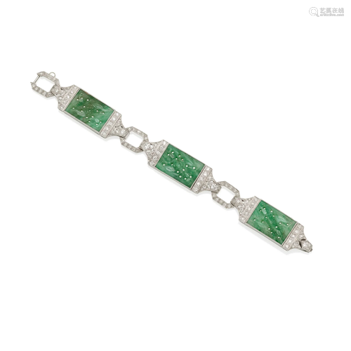 A PLATINUM, JADEITE AND DIAMOND BRACELET, CIRCA 1930