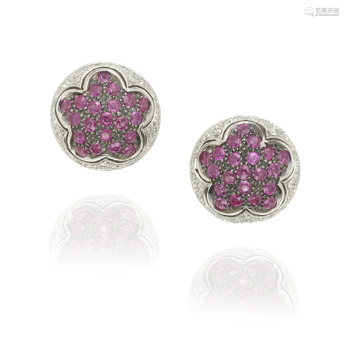 SALAVETTI: A PAIR OF 18K WHITE GOLD, RUBY AND DIAMOND EARRIN...