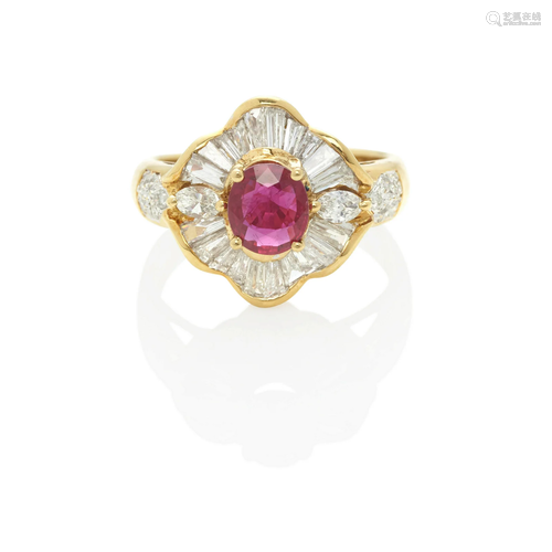 AN 18K GOLD, RUBY AND DIAMOND RING