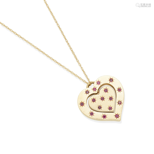 A 14K GOLD, SAPPHIRE AND RUBY HEART PENDANT NECKLACE