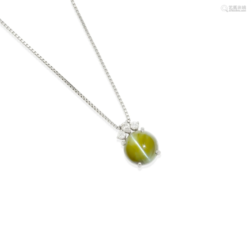 A PLATINUM CAT'S-EYE CHRYSOBERYL AND DIAMOND PENDANT NE...