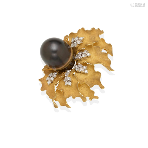 AN 18K GOLD, COLORED CULTURED PEARL AND DIAMOND BROOCH