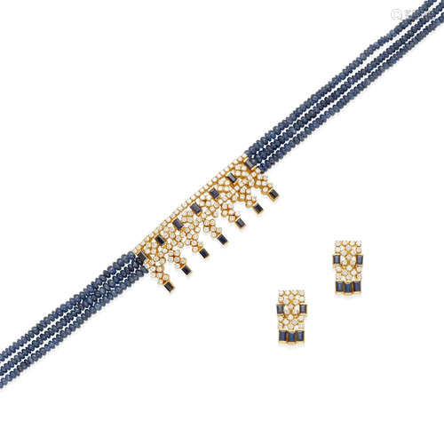 AN 18K GOLD, DIAMOND AND SAPPHIRE NECKLACE AND EARRING SET